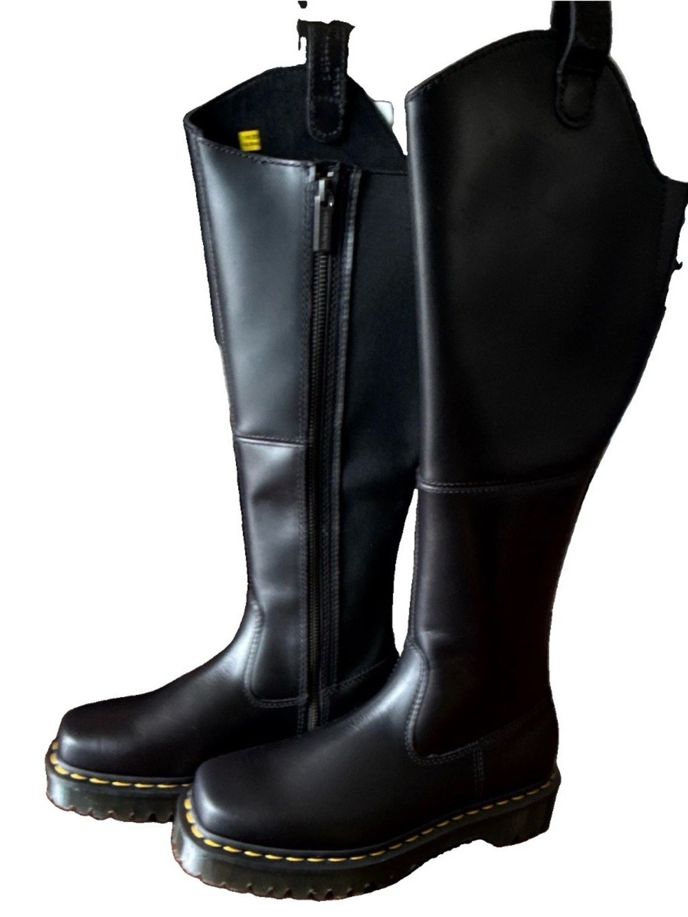 Dr. Martens Black Leather Over-the-Knee Boots with Yellow Welt Stitching 7